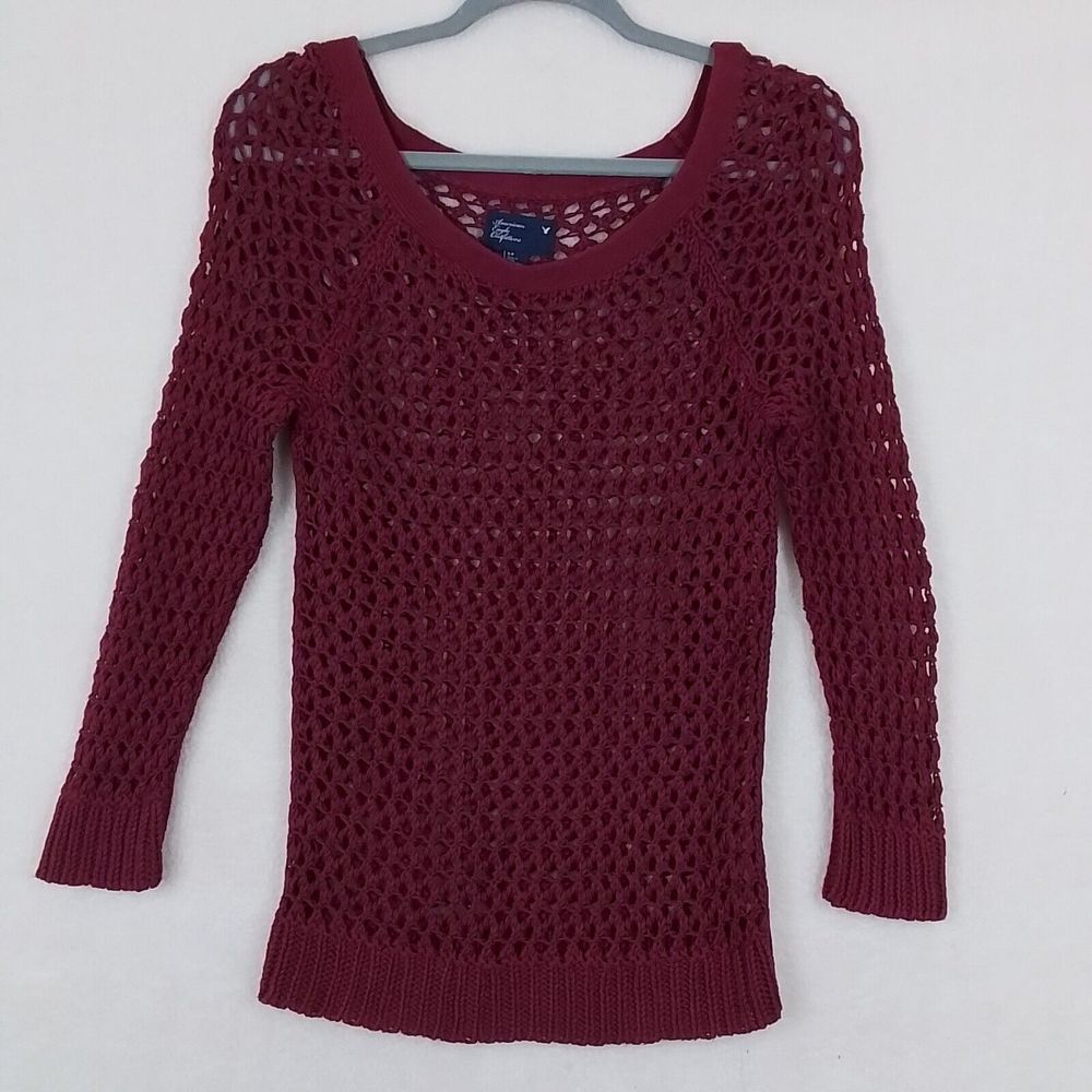 American Eagle Open Knit Crocheted Sweater‎ Size S Burgundy 100% Cotton